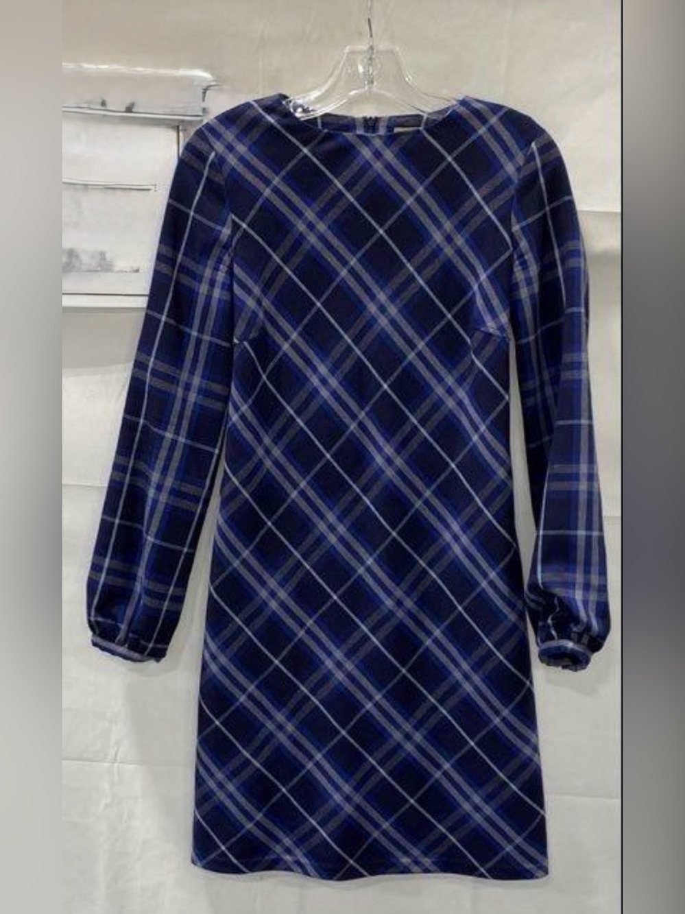Burberry London Blue Plaid 100% Wool Shift Dress Size 4 Made in Italy